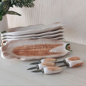 Vintage Set of 6 Ceramic Corn on the Cob Dishes and 5 Matching Skewers